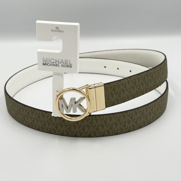Michael Kors Accessories - Michael Kors Belt Twist Reversible Leather MK Logo Buckle White Khaki XL
